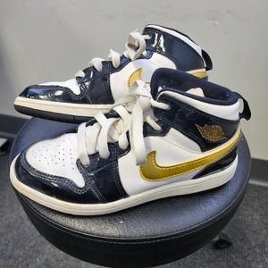 Nike Air Jordan 1 Mid - White/Gold/Black - Youth Size 1.5Y - Excellent Condition